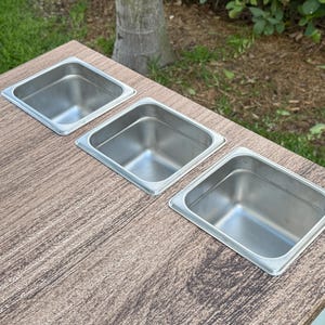 May include: Three stainless steel food pans are arranged on a brown wooden surface. The pans are rectangular with rounded corners and a shiny, reflective finish. The background features a tree trunk and green foliage.