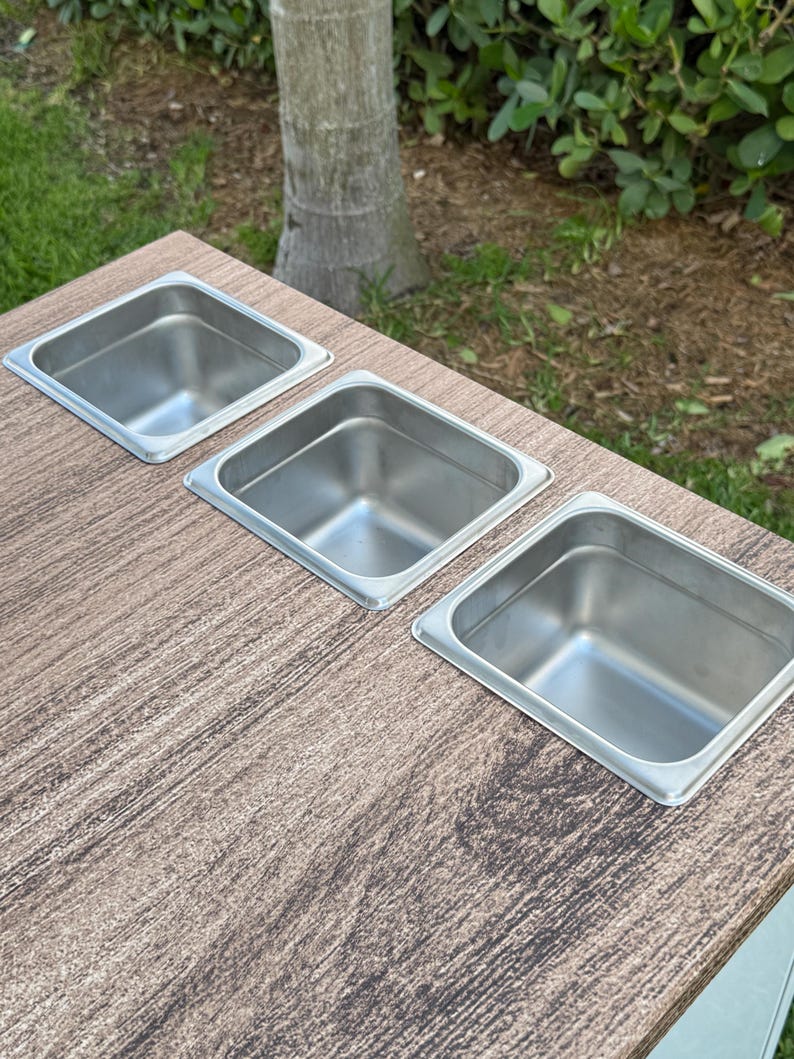 May include: Three stainless steel food pans are arranged on a brown wooden surface. The pans are rectangular with rounded corners and a shiny, reflective finish. The background features a tree trunk and green foliage.