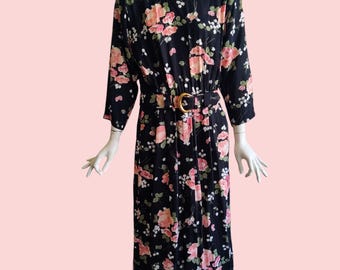 Vintage 80s Lady Carol Floral Blouson Belted Dress Pockets Power Shoulders Size XL