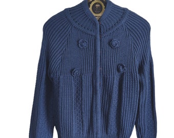 Vintage 70s Chunky Knit w Rosettes Button Front Mock Neck Cardigan Sweater L NOS