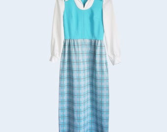 Vintage 70s Ayres ILGWU Tag Dagger Collar Plaid Skirt Double Knit Maxi Dress XS