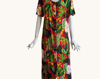 Vtg 90s Carol Anderson Tropical Floral Hibiscus Back Belt Midi Rayon Dress M/L