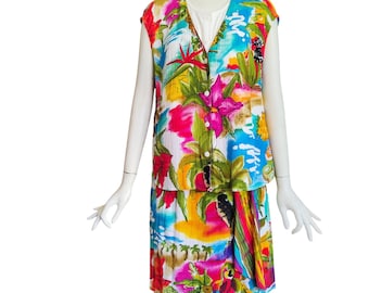 Vintage 90s Carole Little Tropical Print 2 pc Rayon Faux Wrap Skirt Top Sz M/L
