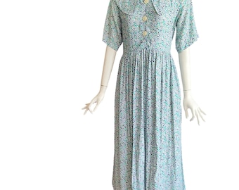 Vtg 90s CAROL ANDERSON Tiny Ditsy Floral Midi Rayon Dress Cottagecore Grunge M