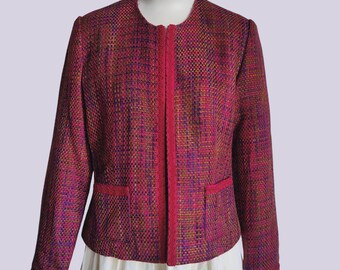 Vintage 90s Spenser Jeremy Jewel Tone Tweed Collarless Open Front Jacket Sz S