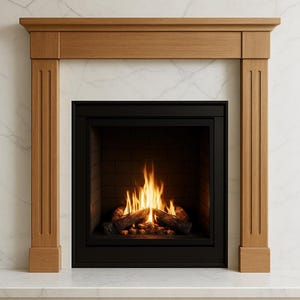 Peut inclure: Une cheminée en bois avec un foyer noir et un foyer en marbre. Le foyer contient un feu brûlant avec des flammes et des bûches. Le manteau est en bois brun clair et a un design classique.