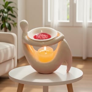 May include: A cream-colored ceramic oil burner featuring a stylized abstract figure holding a circular dish. The dish contains a pink wax melt, while a lit tea light candle sits in the hollow center of the figure, casting a warm glow.