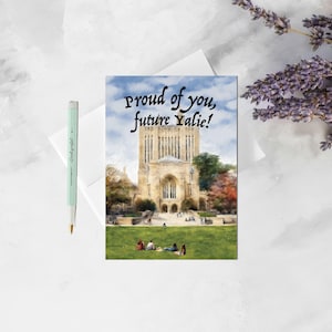 Tarjeta de aceptación de Yale: Orgulloso de ti, futuro Yale. Acuarela, Biblioteca Sterling. Regalo de felicitación para estudiantes de último año de secundaria. Admisiones universitarias.