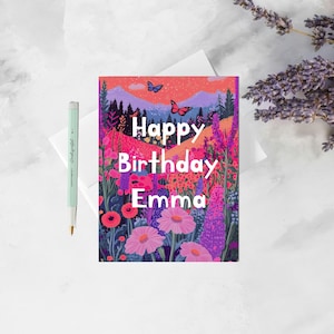 Alles Gute zum Geburtstag für Emma (Emma) – Schmetterling und Blumenwiesen-Gruß – Personalisierte, von der Natur inspirierte Geburtstagskarte