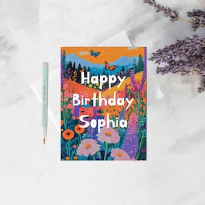 Sophia Geburtstagskarte - Schmetterling und Wildblumen Gartengruß - Personalisierte Blumen Geburtstagskarte für Sie