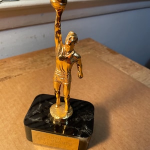 May include: A gold-colored basketball trophy featuring a player in mid-shot, holding a ball above their head. The figure is mounted on a black marble-like base with a gold plaque that reads "1959 CITY CHAMPS CLASS A".