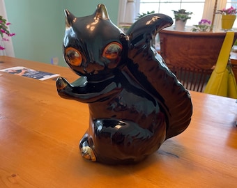 Vintage Squirrel 10” Ceramic Planter Statue Gold Black Collectible Figure