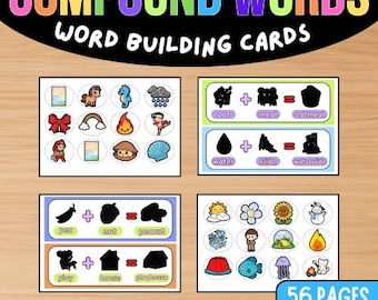 May include: Educational compound words word building cards set featuring 56 pages of vocabulary and phonics practice for K-2. Includes colourful circular illustrations of objects and equations showing how two words combine to form a new compound word.