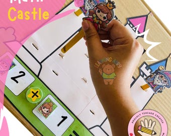 May include: A cardboard castle-themed maths game with a colourful castle design. The game includes a number 2, a plus sign, a number 1, an equals sign, and a number 2. The game is designed to help children learn basic maths concepts.