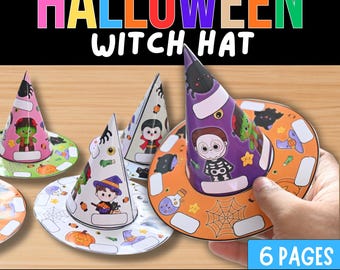 May include: A set of six printable paper witch hat crafts for Halloween, featuring colourful cones and brims decorated with cartoon characters like skeletons, vampires, and monsters, with blank white labels for personalisation.