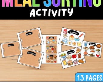 May include: A meal sorting activity set featuring 13 pages of printable cards. The set includes illustrated food items for breakfast, lunch, and dinner, along with wooden tray templates labelled for each meal category to organise the food graphics.