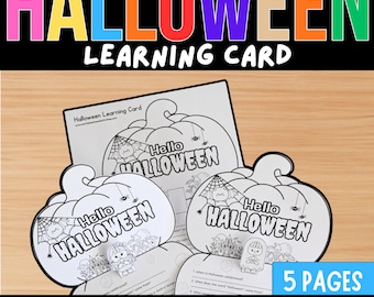 May include: A set of five Halloween learning cards featuring black and white line art of pumpkins, bats, and haunted houses. The cards include the text Hello Halloween and various educational questions for children to read and colour.