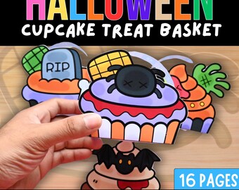 May include: A 16-page Halloween cupcake treat basket craft set featuring colourful paper cutouts of cupcakes decorated with a tombstone, a spider, and a bat. The text HALLOWEEN CUPCAKE TREAT BASKET and 16 PAGES is printed on the image.
