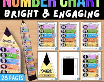 May include: A printable number chart activity set featuring 28 pages of colourful educational materials. The set includes pencil-shaped number displays, number sequences from 1 to 100, and illustrated cards with numbers written in words and digits.