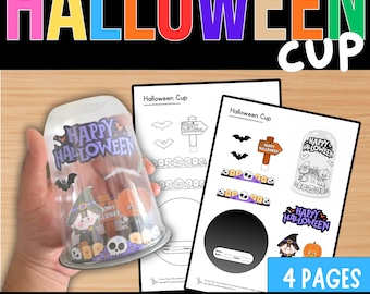 May include: A clear plastic cup featuring a Happy Halloween graphic with a witch, pumpkin, and skull, alongside two printed activity sheets with cut-out designs, including bats, a sign, and character illustrations for a craft project.
