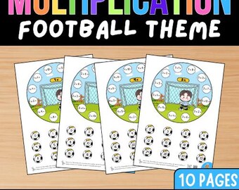 May include: Four printable maths worksheets featuring a football theme with multiplication problems inside circles. Each page displays a football goal, a player, and footballs containing numbers. The text reads MULTIPLICATION FOOTBALL THEME and 10 PAGES.