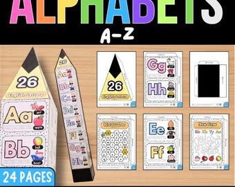 May include: A 24-page printable alphabet activity set featuring a pencil-shaped 3D craft, letter practice sheets with illustrations for A through H, and a maze game. The pages include colourful graphics, English letters, and word examples.