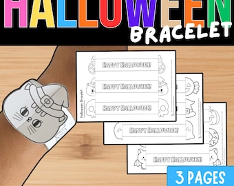 May include: A set of three printable paper sheets featuring black and white Halloween bracelet designs with cat, pumpkin, ghost, and bat illustrations. Each bracelet strip includes the text HAPPY HALLOWEEN. One bracelet is shown worn.