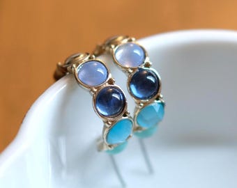 Vintage Hoop Earrings, Blue Purple Stone, Gemstone Band, Gold Tone