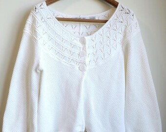 Vintage 70s 80s 100% Cotton White Knitted Women's Cardigan / Layering / Long Sleeve Shirt / Sweater, Made in Hong Kong, RN50986, Retro