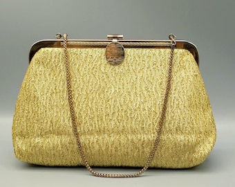 Vintage 60s 70s Gold Fabric Clutch/Evening Bag/Purse, MCM Cocktail Purse, Hand Made in Hong Kong, Fits iPhone