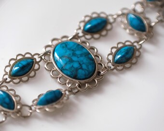 Vintage Bracelet, Silver Tone with Faux Turquoise Stone, Clip Closing