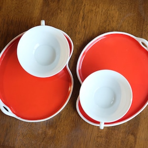 Vintage Czechoslovakia Red Snack Trays and Cups, Tea Cups and Saucers, Europe Ceramic, Snack Set