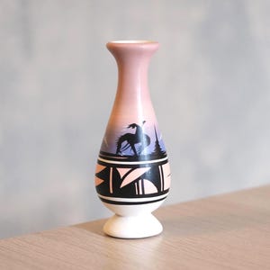 Vintage Navajo Pottery Vase, Indigenous Native American Indian, Pink and Purple, Man on Horse and Tent Motif, Ceramic Bud Vase, Signed
