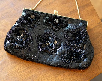 Vintage 60s 70s Black Clutch / Evening Bag / Purse, Medium Size, Beaded Evening Purse with Gold Metal Chain, Fits iPhone, Made in Hong Kong