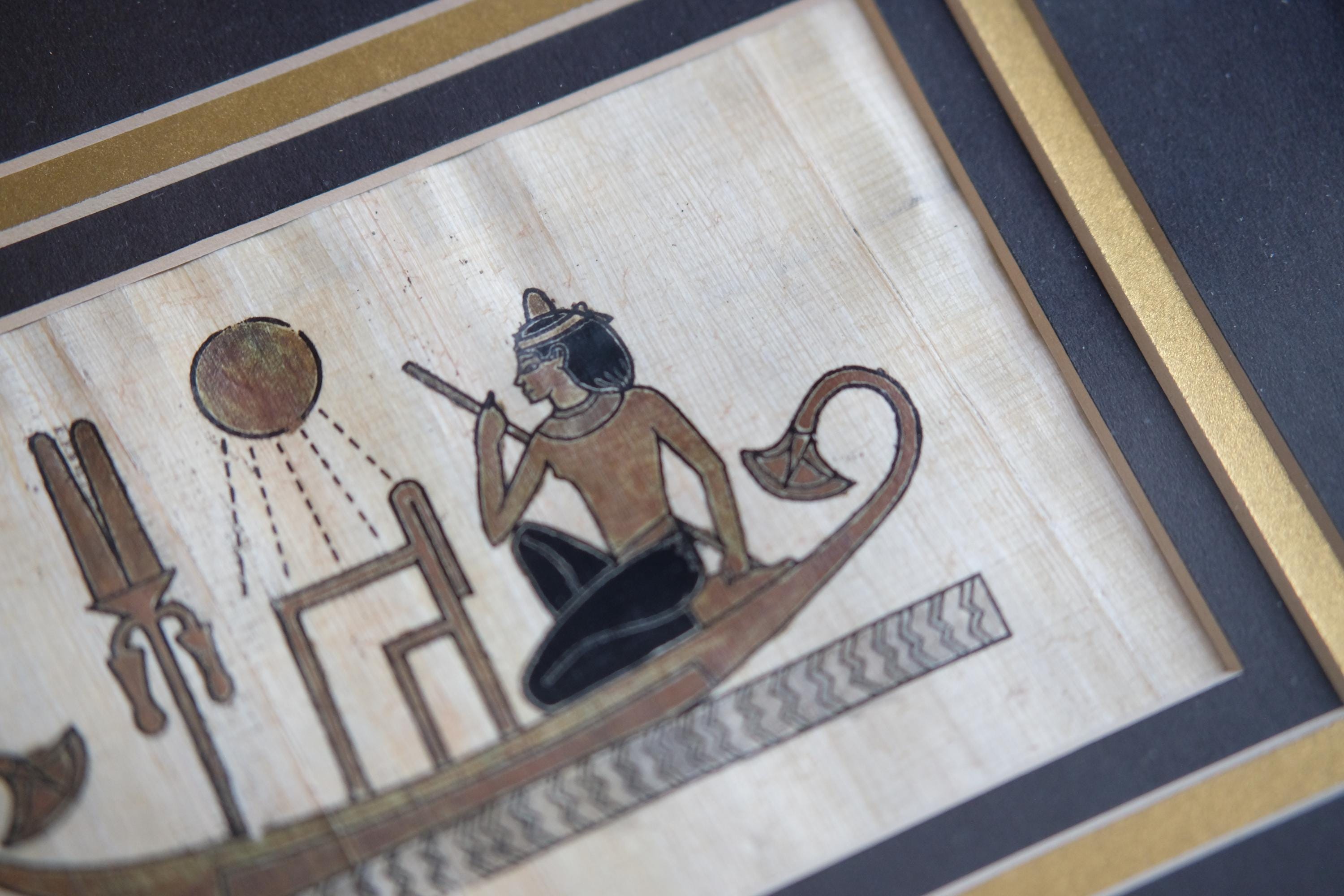 ヴィンテージエジプトパピルス絵画アート、壁掛け、木製フレーム