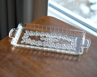 Vintage Pressed Glass Tray, Floral Serving Plate, Glass Dish, Snack Tray, Cheese Plate, Heavy Glass