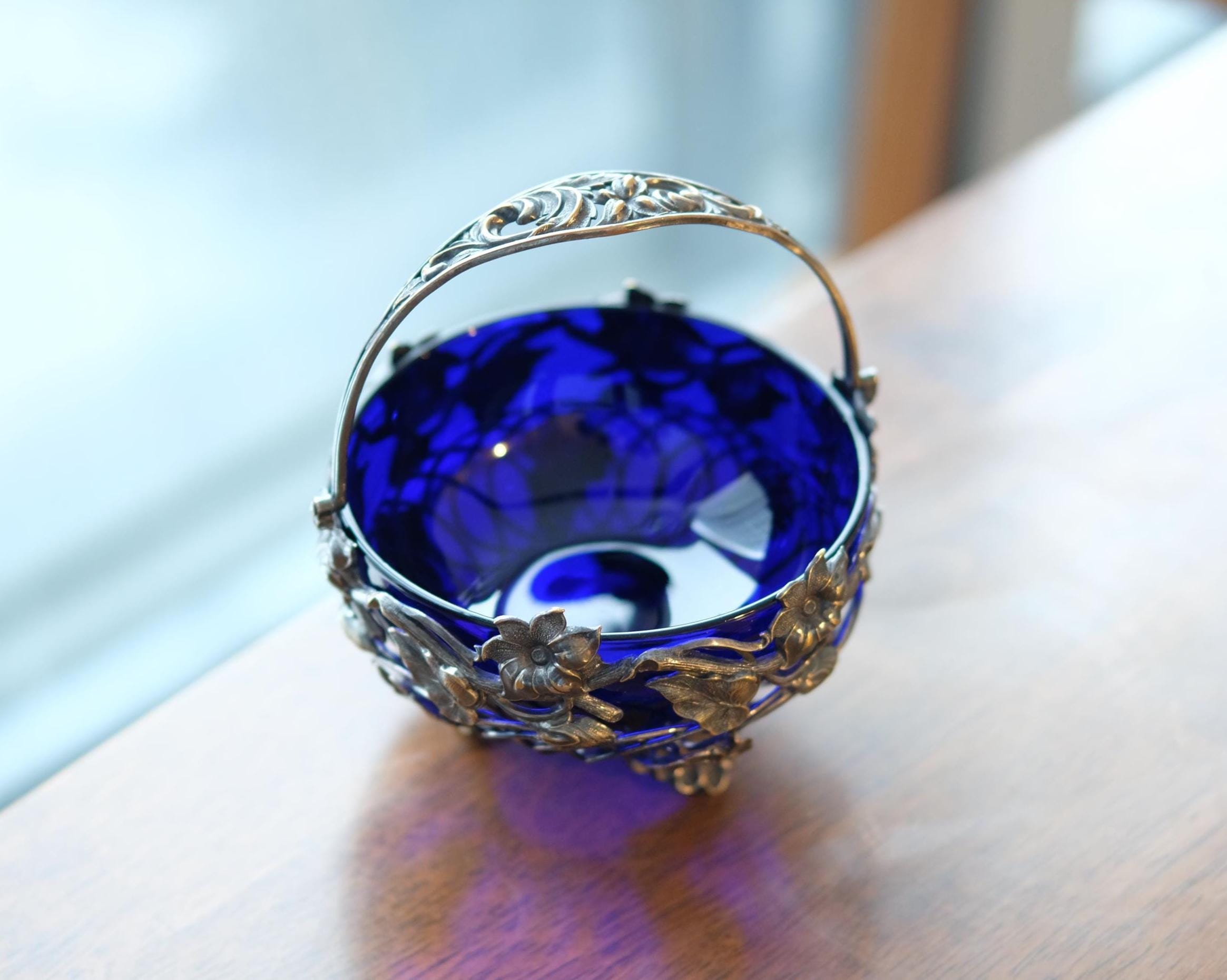 COUPE SUCRIER OU condiments en Métal Argenté et coupelle Verre Bleu Cobalt EUR 36,00 - FR