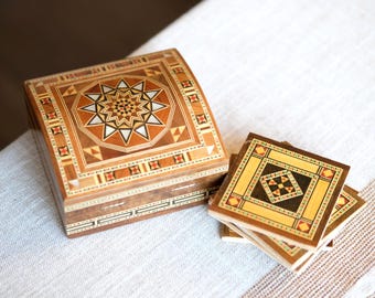 Vintage Wood & Mother of Pearl Marquetry Box with 6 Coasters, Red Velvet Liner, Jewellery Storage, Trinket Box, Geometric / Mosaic Pattern