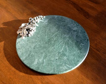 Vintage Green Marble Stone Cheese /Charcuterie Board, Metal Floral Grapes Decor, Retro Serving Tray, 90s Home Decor, Seagull Pewter Canada