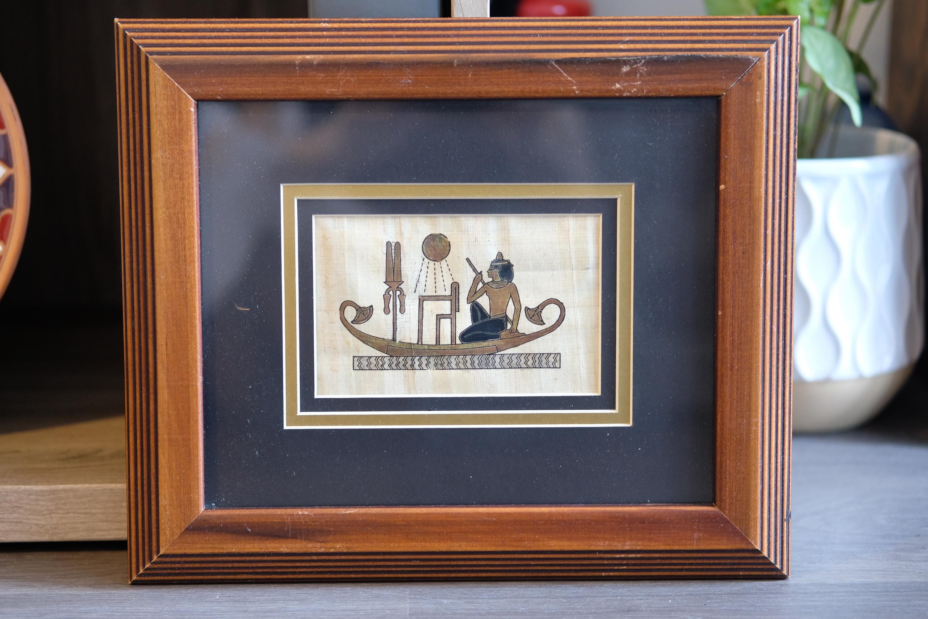 ヴィンテージエジプトパピルス絵画アート、壁掛け、木製フレーム