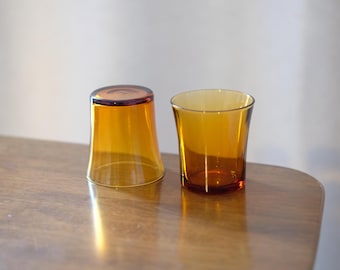 Vintage Duralex Juice Glasses, Small Drinking Water Glasses, Amber Yellow Brown Glass, Made in France, Set of 2, Retro Barware