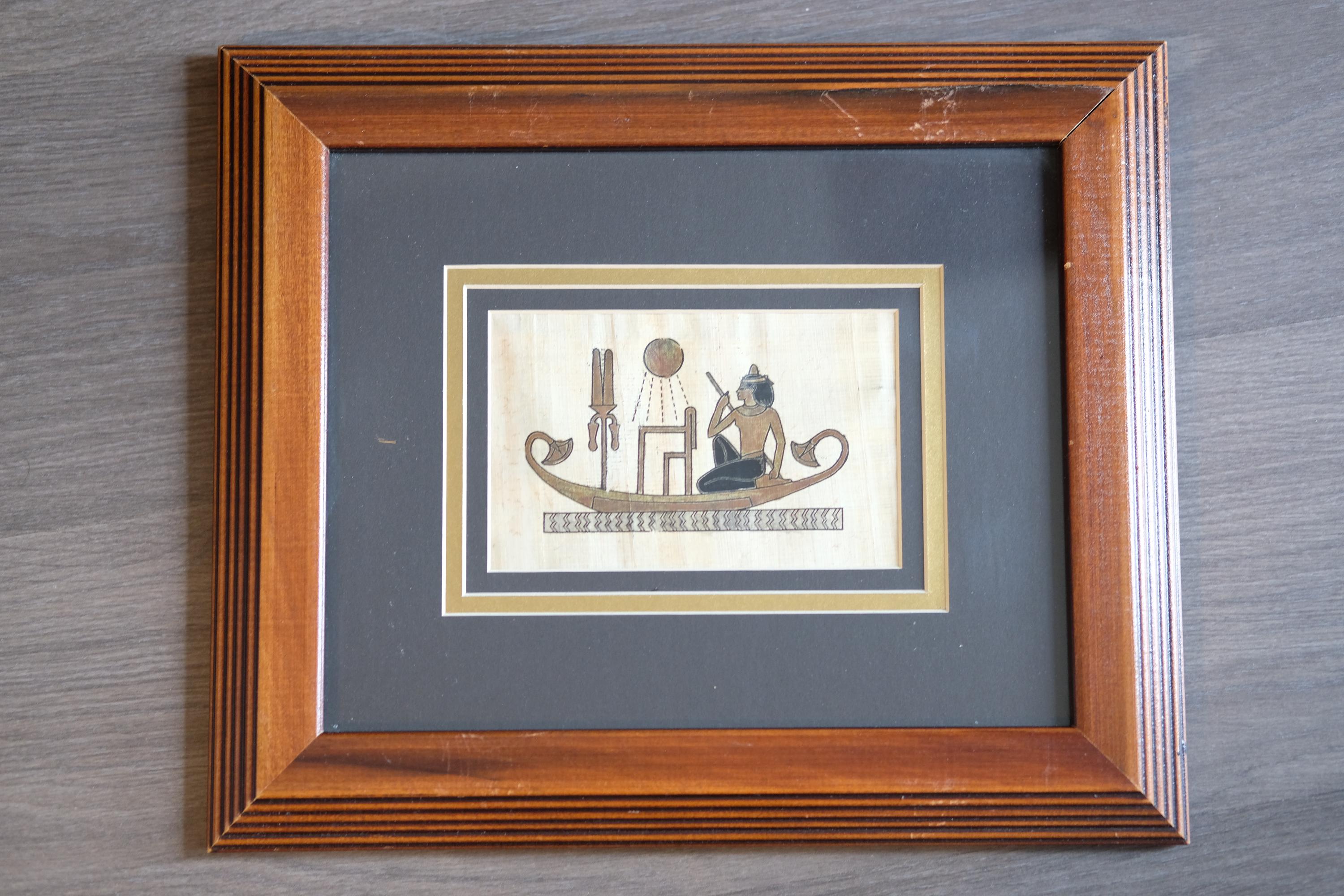 ヴィンテージエジプトパピルス絵画アート、壁掛け、木製フレーム