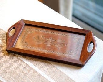 Vintage Wood Engraved Tray with Handle and Plastic Cover, Medium Size Carved Serving Tray, Retro Home Decor