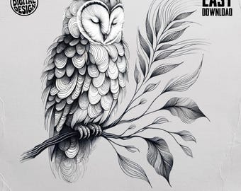 Black and White Line Art Owl PNG Design, Boho Woodland T-Shirt Sublimation Digital Download, Black and White Owl Clipart Digital Design