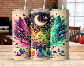 Celestial Crystals Tumbler Wrap: Boho Sublimation Design (20oz Skinny Tumbler PNG Digital Download)