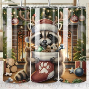 Cute Racoon Christmas Tumbler Wrap, 20 oz Skinny Christmas Tumbler Wrap, Cute Holiday Animal Tumbler Sublimation Design, Digital Download