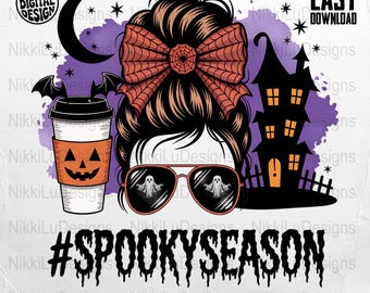 Spooky Season Messy Bun PNG: Halloween T-Shirt Sublimation Design (Digital Download)