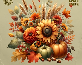 Autumn Floral Harvest PNG, Sunflower Pumpkin T-Shirt Sublimation Design (Digital Download)