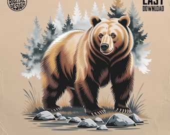May include: Digital illustration of a brown bear standing in front of a forest of pine trees. The bear has a light brown coat with dark brown accents. The image includes the text "PNG DIGITAL DESIGN" and "EASY DOWNLOAD".