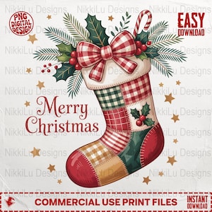 May include: A watercolor Christmas stocking design with a patchwork pattern in red, green, and tan. The stocking is decorated with a red and white plaid bow, holly, and a candy cane. The words "Merry Christmas" are written on the stocking.